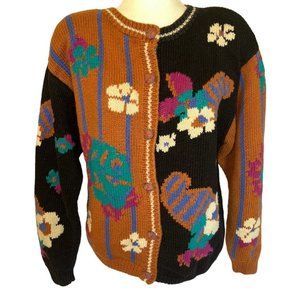 Vintage 80s/90s Heirlooms Multicolor Handknit Floral Button Front Sweater Sz L